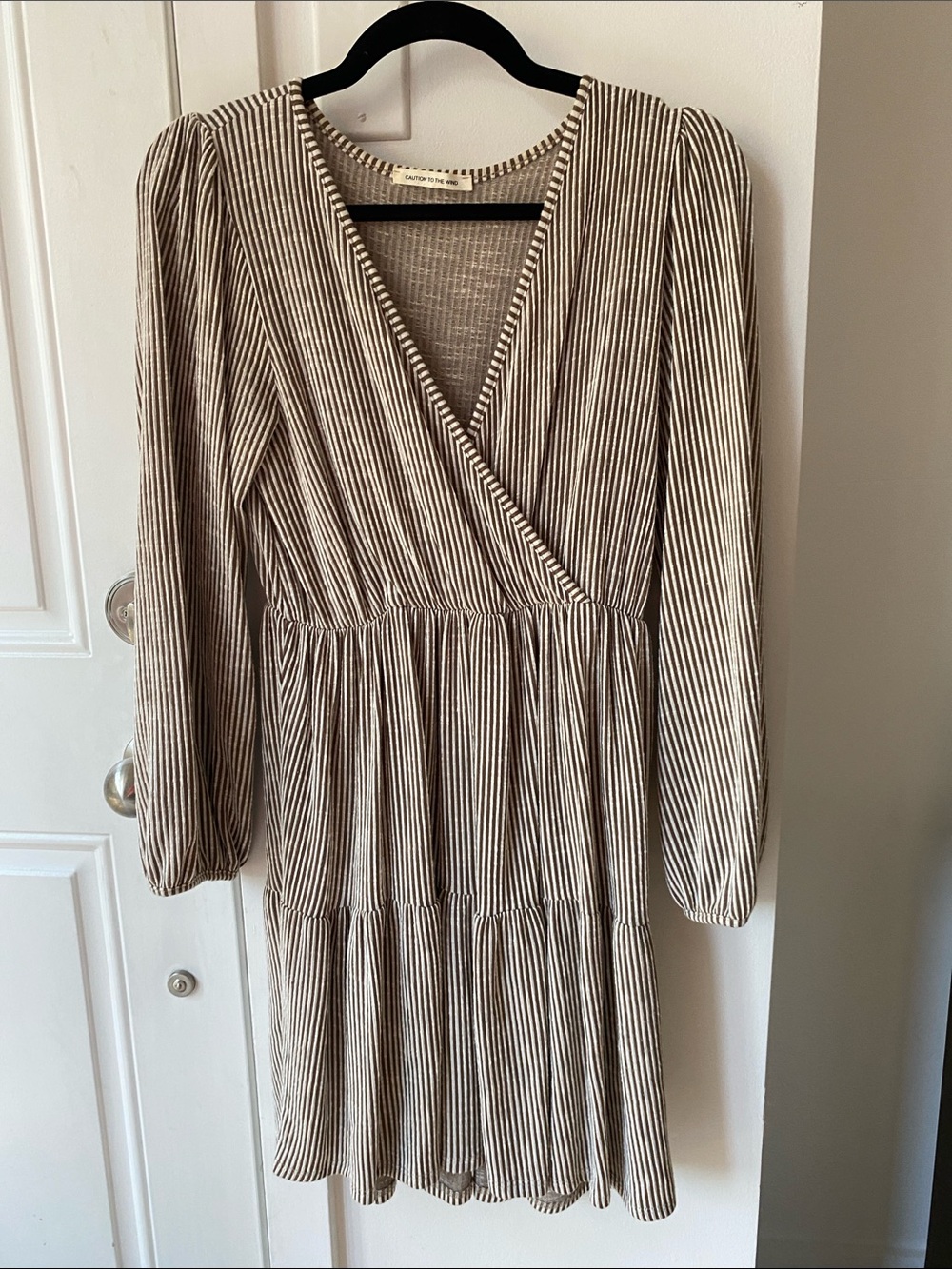 Striped Wrap-Front Long Sleeve Dress - Beige/white